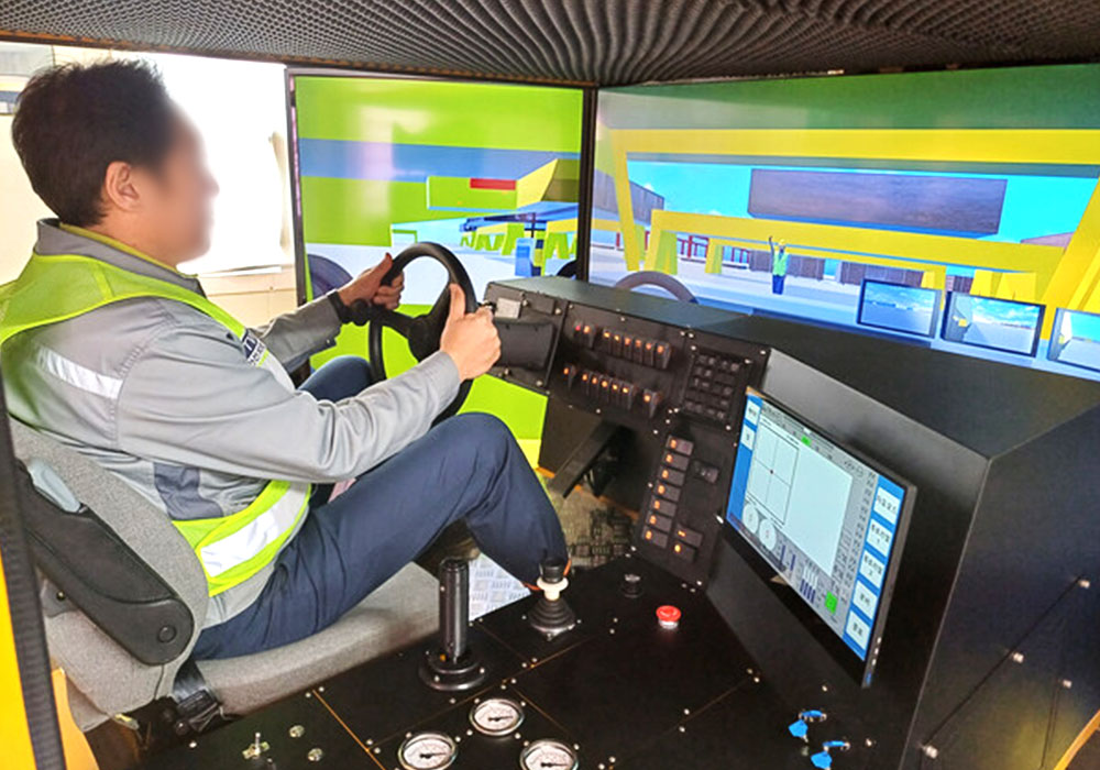 Participant demonstrating VR transporter simulator – virtual reality equipment experience, industrial training content